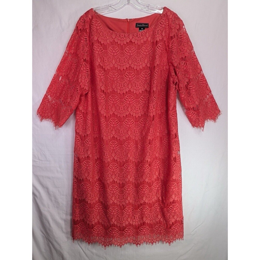 Jessica Howard Lace Cocktail Dress Coral Lined 3/4 Sleeve Plus Size 16W - Picture 2 of 9